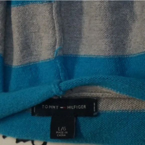 Tommy Hilfiger Gray & Blue Striped V-Neck Hooded Long Sleeve Pullover, Large - Picture 7 of 7